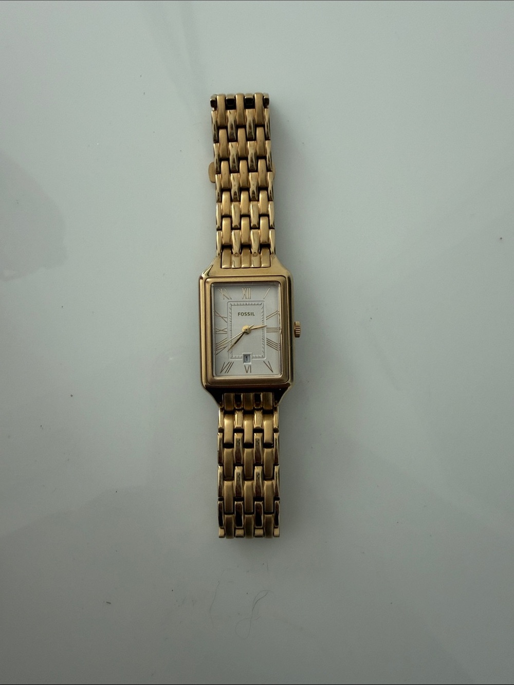 Fossil Gold Tone Rectangular Bracelet Watch with White Dial